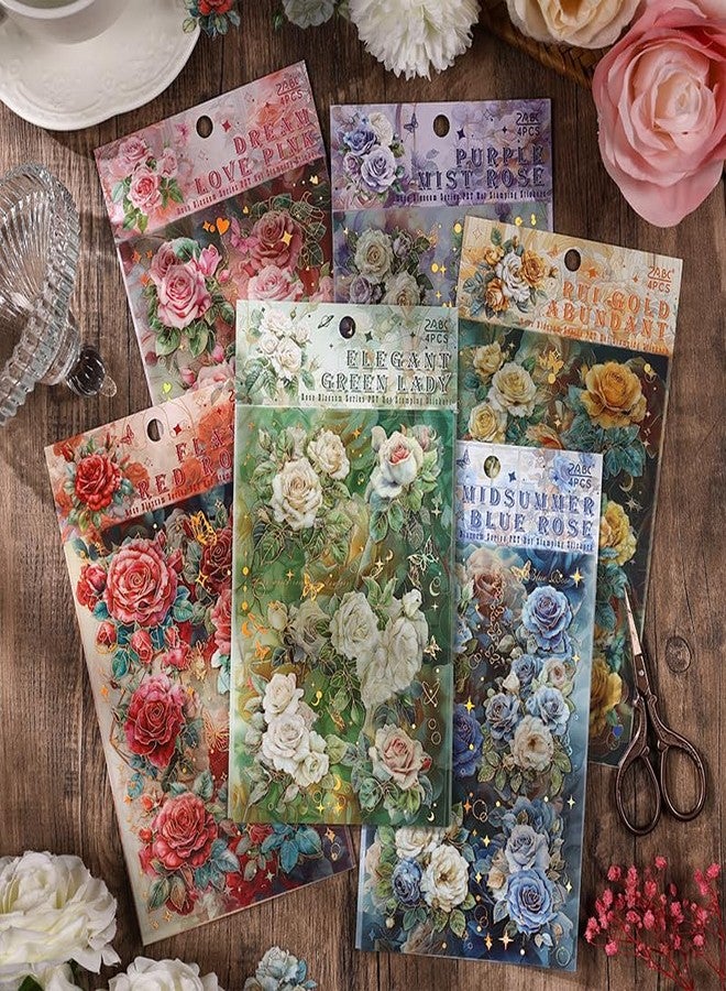 SAMVARDHAN Vintage Floral Rose Sticker Set- 24 PET Waterproof Seal Sheets, Glossy Die-Cut Decorative Background Paper Sticker Collage for Journaling & Scrapbooking,Pack of 6 - Image 1